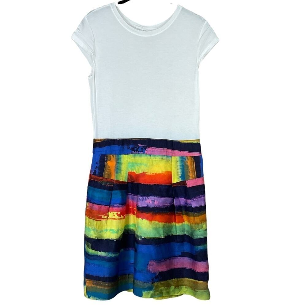 Milly of New York Short Sleeve Dress White Top Bright Colorful Skirt Size 6